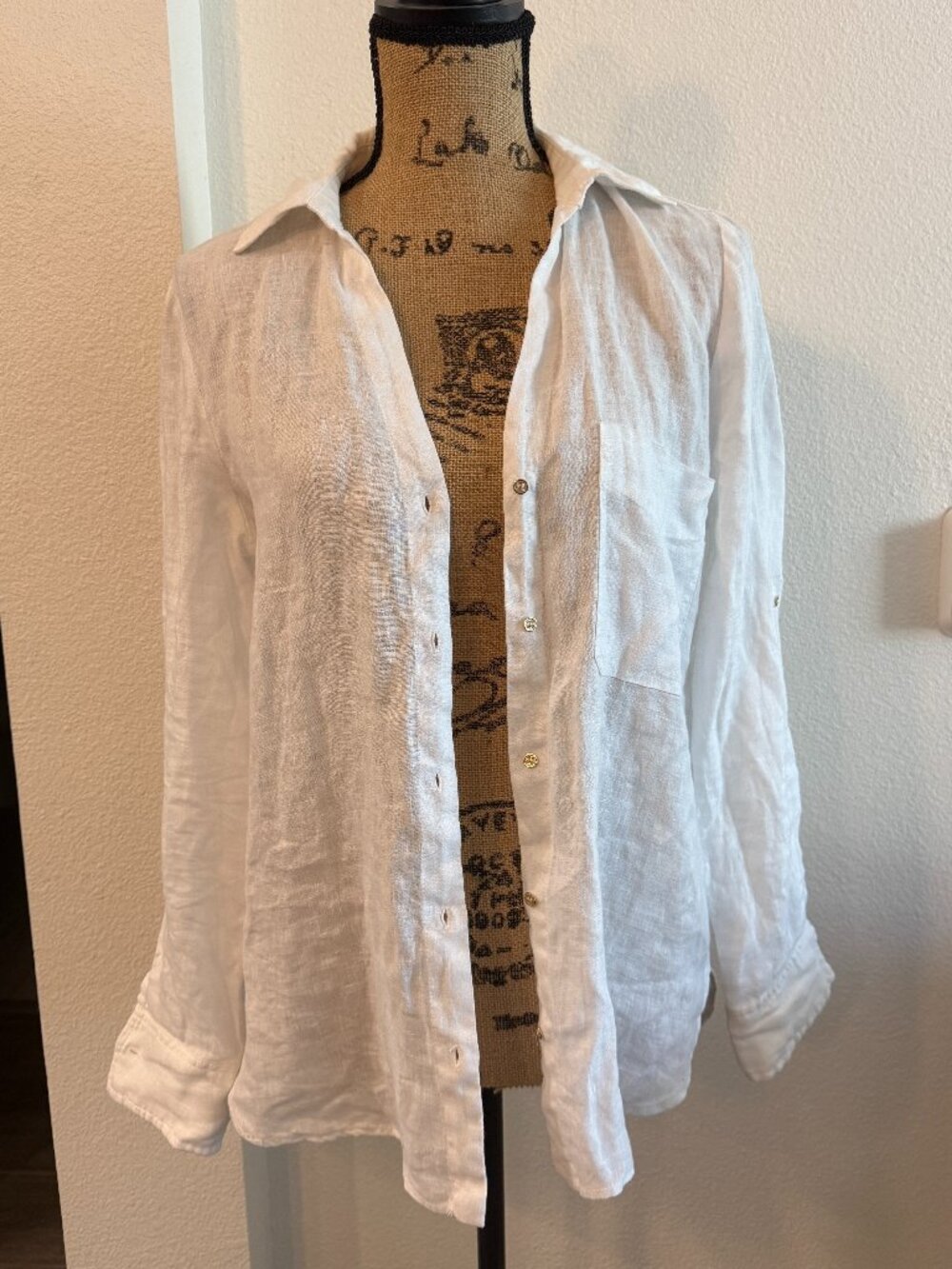 Zara White 100% Linen Shirt S NWT Gold Button Roll Tab Sleeve